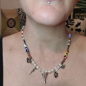 Handmade Silver charm necklace with synthetic pearls and iridescent beads